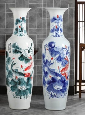 景德镇陶瓷器手绘连年有余落地大花瓶中式客厅高摆件现代中式风