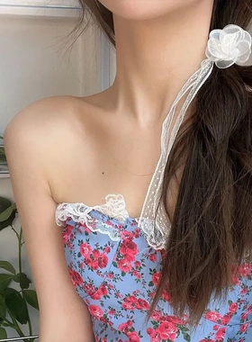 白色蕾丝花飘带发带女绑发夏仙女