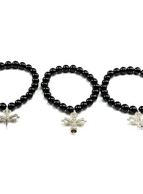 WANGWANG十字金刚挂坠合金银黑玛瑙情侣手工复古潮流银手链手串