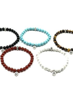 WANGWANG笑脸6MM黑玛瑙绿松石十字双银饰925纯银潮流情侣手链手串