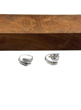 WANGWANG925纯银做旧纹路情侣宝石点金可调羽毛情侣潮流戒指指环