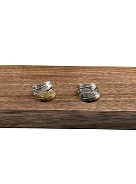 WANGWANG做旧925纯银黄铜镀金双羽毛情侣可调节银饰素银潮流戒指