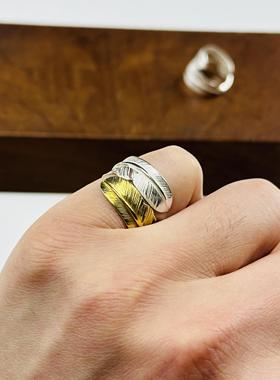 WANGWANG做旧925纯银黄铜镀金双羽毛情侣可调节银饰素银潮流戒指