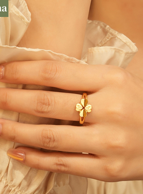 NININA金店同款沙金四叶草戒指女可调价幸运草指环手饰节日礼物
