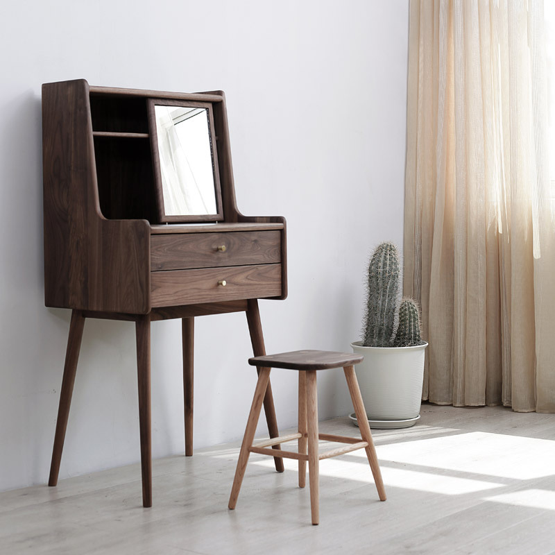 北美黑胡桃梳妆台现代简约小户型卧室化妆台橡木樱桃木带镜子 - 图1