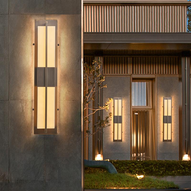 新中式壁灯客厅卧室床头灯门口过道仿云石全铜壁灯户外防水庭院灯 - 图2