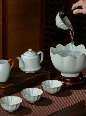 汝窑莲花碗开片可养景德镇陶瓷摆件仿古家居客厅装饰瓷器原矿青瓷