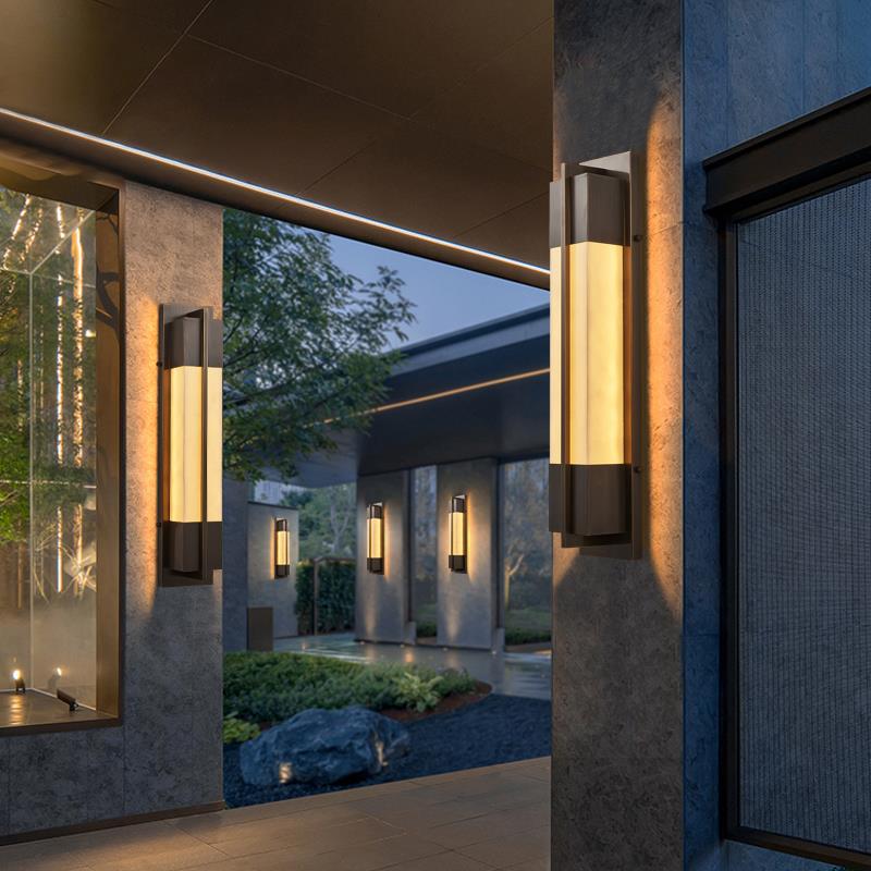 新中式壁灯客厅卧室床头灯门口过道仿云石全铜壁灯户外防水庭院灯 - 图1