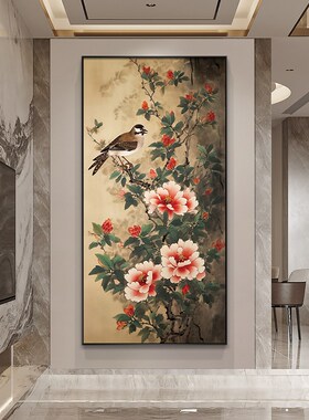 极速新中式玄关背景墙装饰画牡丹花鸟喜鹊客厅P挂画入户正对门国