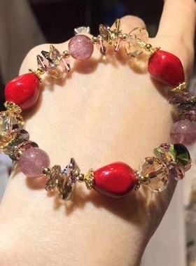 极速本命年天然水晶石榴石手链女红枣贝珠手串定T制气质女友生日