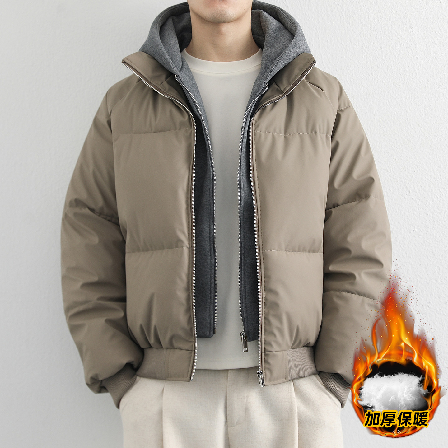 秋冬青少年加厚PU棉衣男港风假两件棉服 男装保暖连帽运动休闲,淘宝优惠券,粉丝福利购,淘宝优惠卷