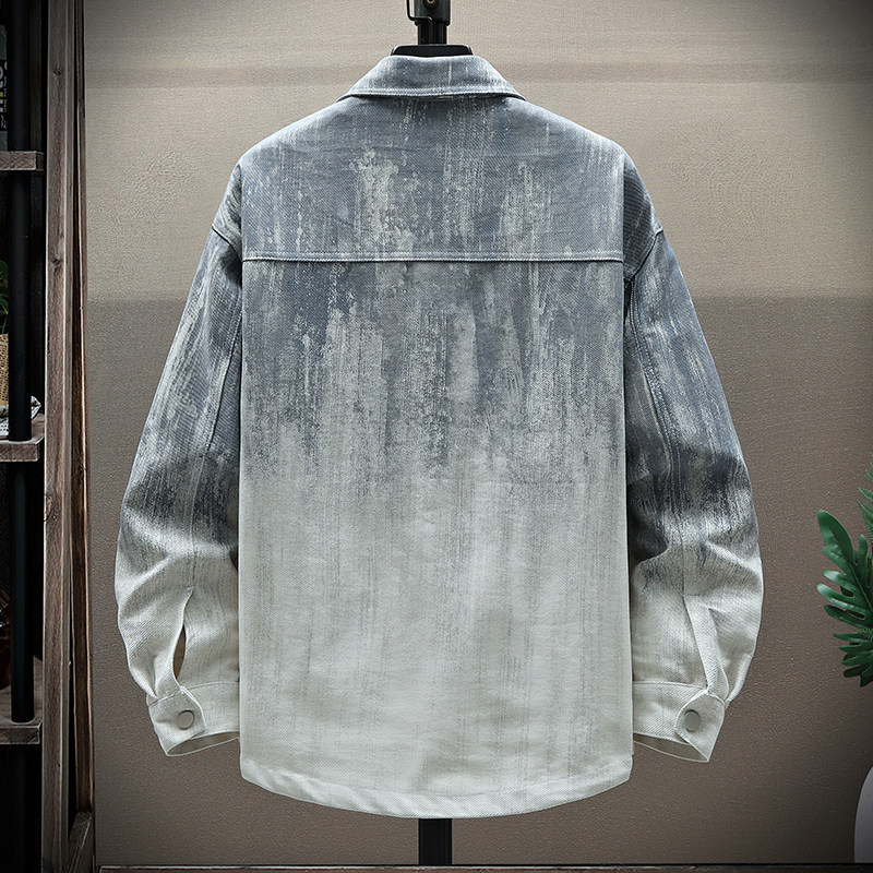 秋季新款青少年潮牌翻领牛仔衬衫外套渐变色宽松有型男生痞帅夹克,淘宝优惠券,粉丝福利购,淘宝优惠卷