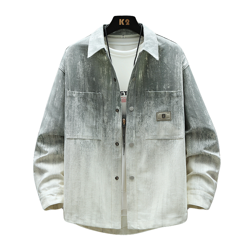 秋季新款青少年潮牌翻领牛仔衬衫外套渐变色宽松有型男生痞帅夹克,淘宝优惠券,粉丝福利购,淘宝优惠卷