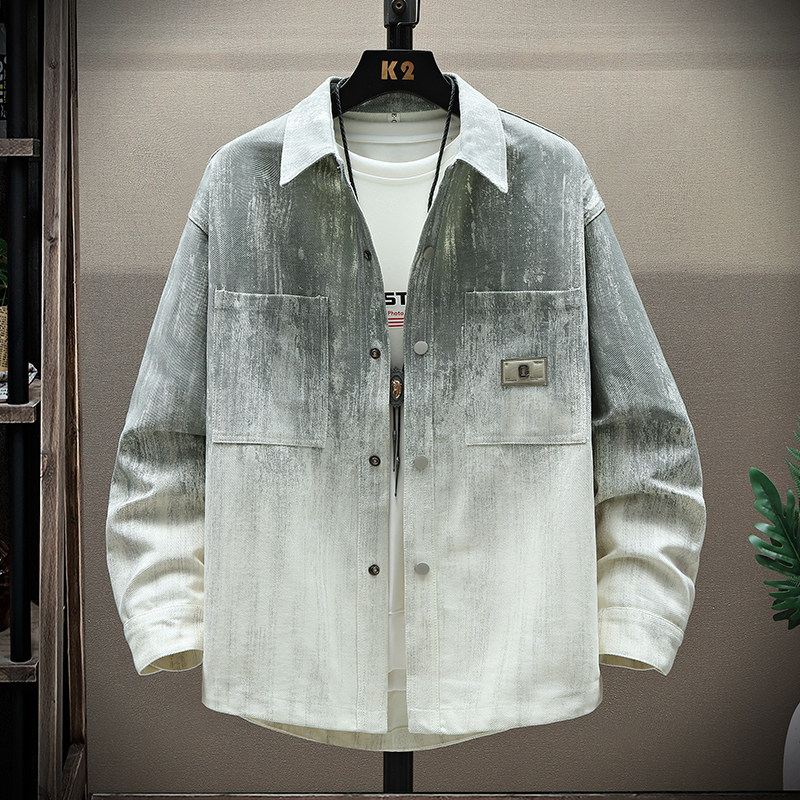 秋季新款青少年潮牌翻领牛仔衬衫外套渐变色宽松有型男生痞帅夹克,淘宝优惠券,粉丝福利购,淘宝优惠卷