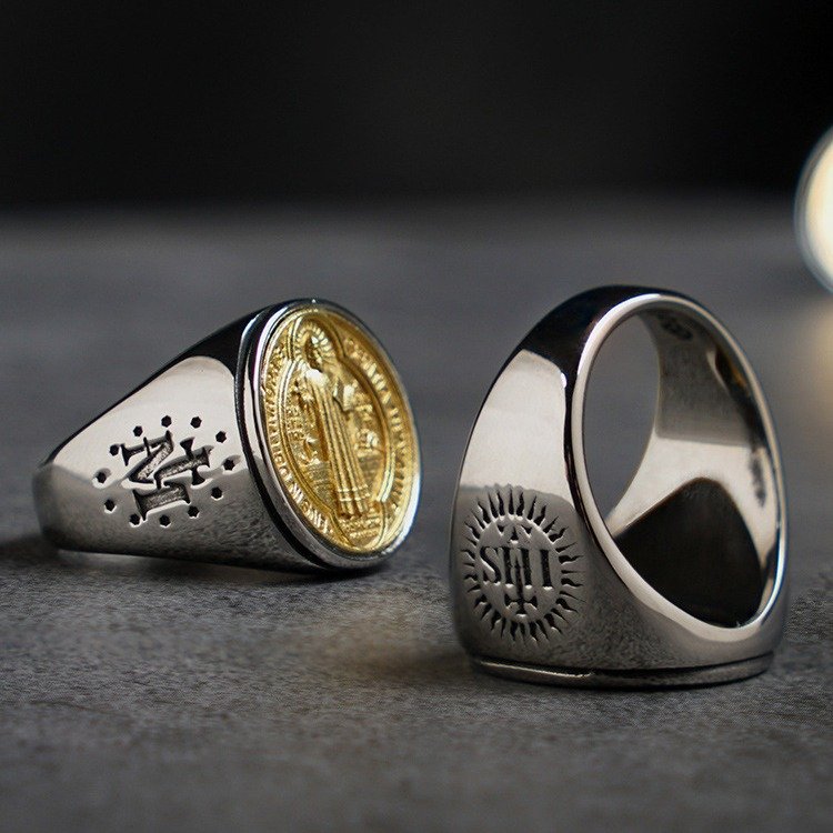 Medal titanium steel inlaid copper ring trendy men's single tail ring index finger ring European and American ins style men's ring