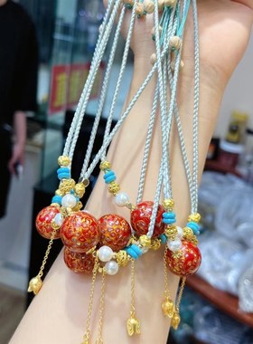 极速大漆珠锁骨链项链 女款  18mm 古法金Q蓝铃花吊坠TY485