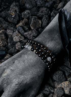 极速GUXI【狩魔】暗黑风黑曜石双D层手链男生茶水晶手串黑发晶珠