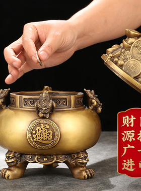 新品招财进宝铜金蟾聚宝盆摆件中式客厅玄关N办公室装饰品公司开