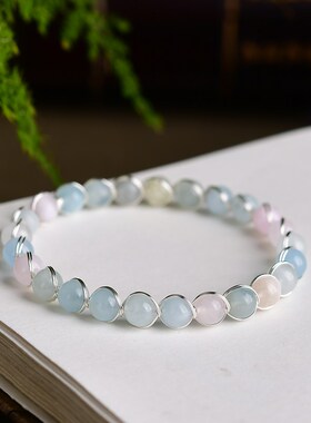 极速水晶手工编织手链开q口 海蓝宝葡萄石白紫粉茶草莓晶萤石 K33