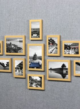 黑白中式古建筑照片墙 北京故宫天坛风景相框组合 茶室书房装饰画
