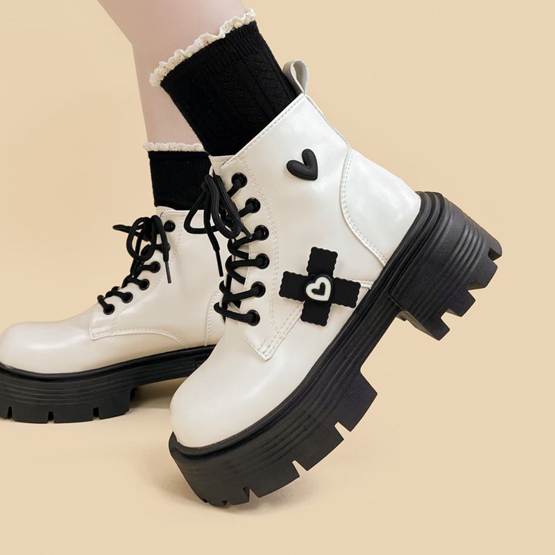 白色马丁靴女2023春季新款日系甜酷可爱小个子靴子低跟厚底中筒靴 - 图1