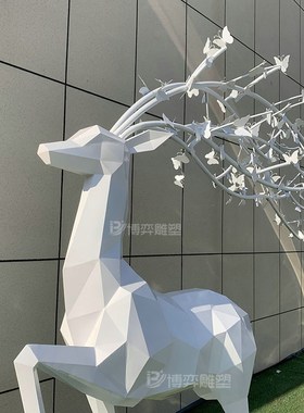 大型不锈钢几何鹿雕o塑户外创意花枝切面动物麋鹿公园装饰落地摆