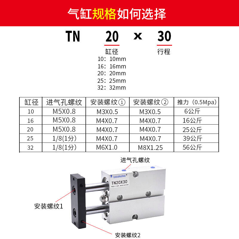 TDA25气缸双杆双轴TN32/40X10X20X40X50X75x30X200小型气动大推力 - 图2