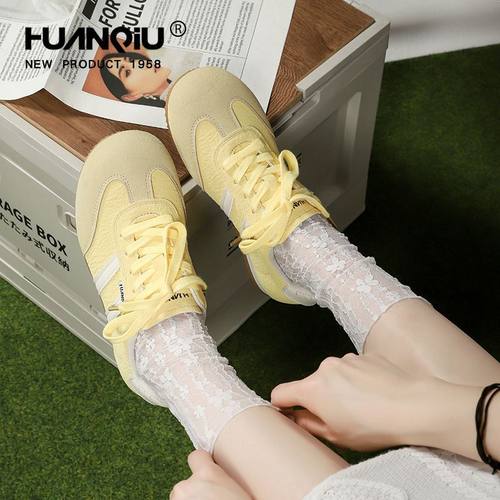 环球黄色德训鞋女款系带学生春季百搭薄底轻便休闲运动板鞋小白鞋 - 图0