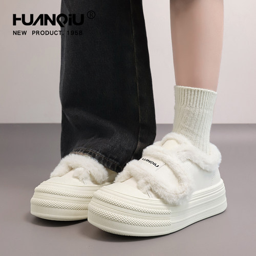 厚底加绒板鞋女款冬季2025新款魔术贴小白鞋时尚保暖雪地靴棉鞋女 - 图0