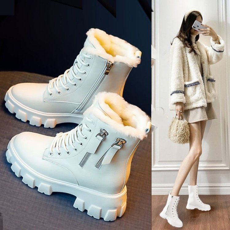 品牌真皮马丁靴女2024新款冬季雪地靴厚底时尚短靴小个子加绒棉鞋