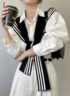 MIND BOY黑白条纹外搭衬衫披肩春秋款针织假领子空调房保暖搭肩女
