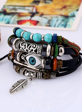 跨境货源热卖编织手链恶魔之眼蓝色眼睛手链串珠多层牛皮手饰