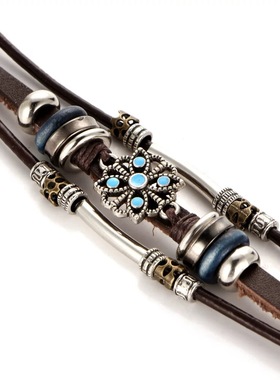 欧美百搭新品简约潮流男女皮革不锈钢磁性手镯编织仿牛皮手链手环