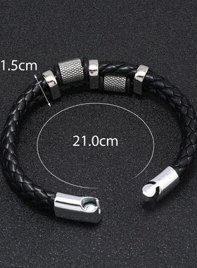 黑色双层编织皮滚轮钛钢磁吸扣手链嘻哈潮男手环原创设计简约百搭