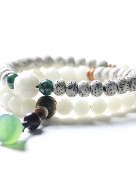 南山非遗文创设计款菩提根星月菩提手串绿玛瑙雕吊坠多圈佛珠手链