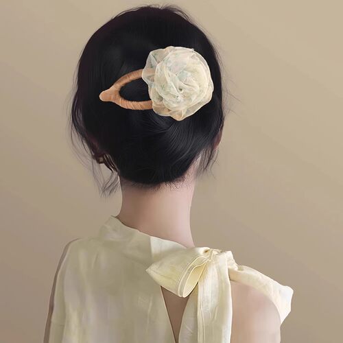 山茶抚香！超仙网纱玫瑰鸭嘴夹！氛围感后脑勺发饰气质鲨鱼夹盘发 - 图1