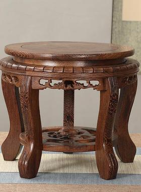 红木圆形底座花瓶鱼缸花盆景观赏奇石头观音佛像鸡翅实木雕刻托架