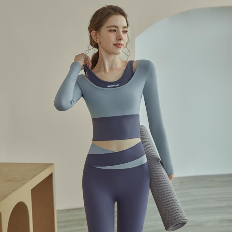 瑜伽服女2023秋冬季新款带胸垫跑步显瘦弹力运动上衣套装健身长袖