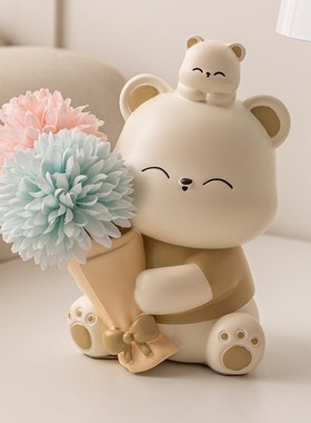 创意轻奢捧花暴力熊摆件客v厅玄关家居电视柜桌面装饰可爱生日礼