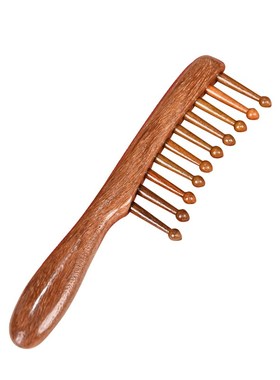 金丝绿檀按摩梳檀木头部t经络梳子头皮头部头疗木梳男女士宽齿卷
