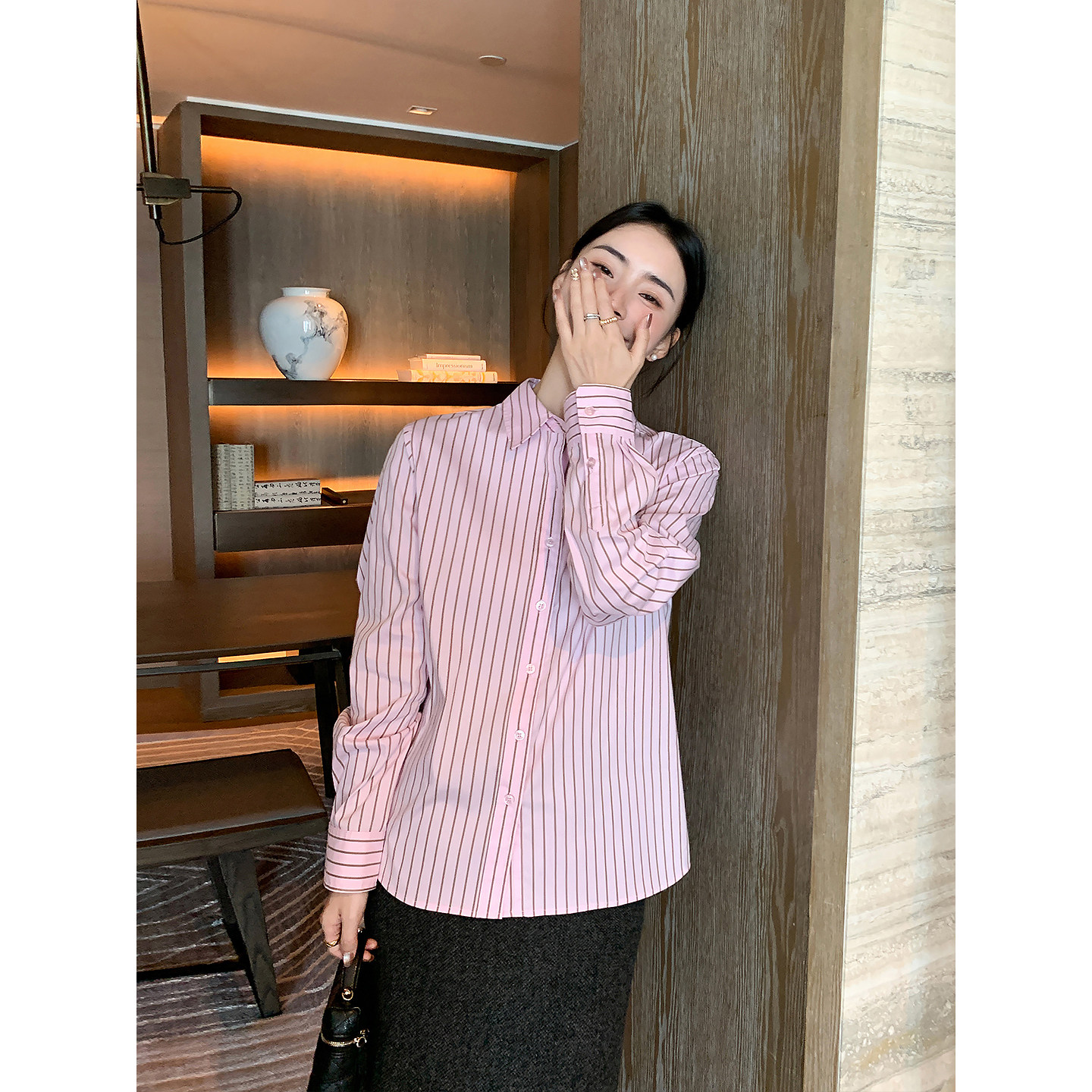 Maven Lin 简雅知性 气质粉色条纹长袖衬衫女高级感通勤宽松衬衣,淘宝优惠券,粉丝福利购,淘宝优惠卷