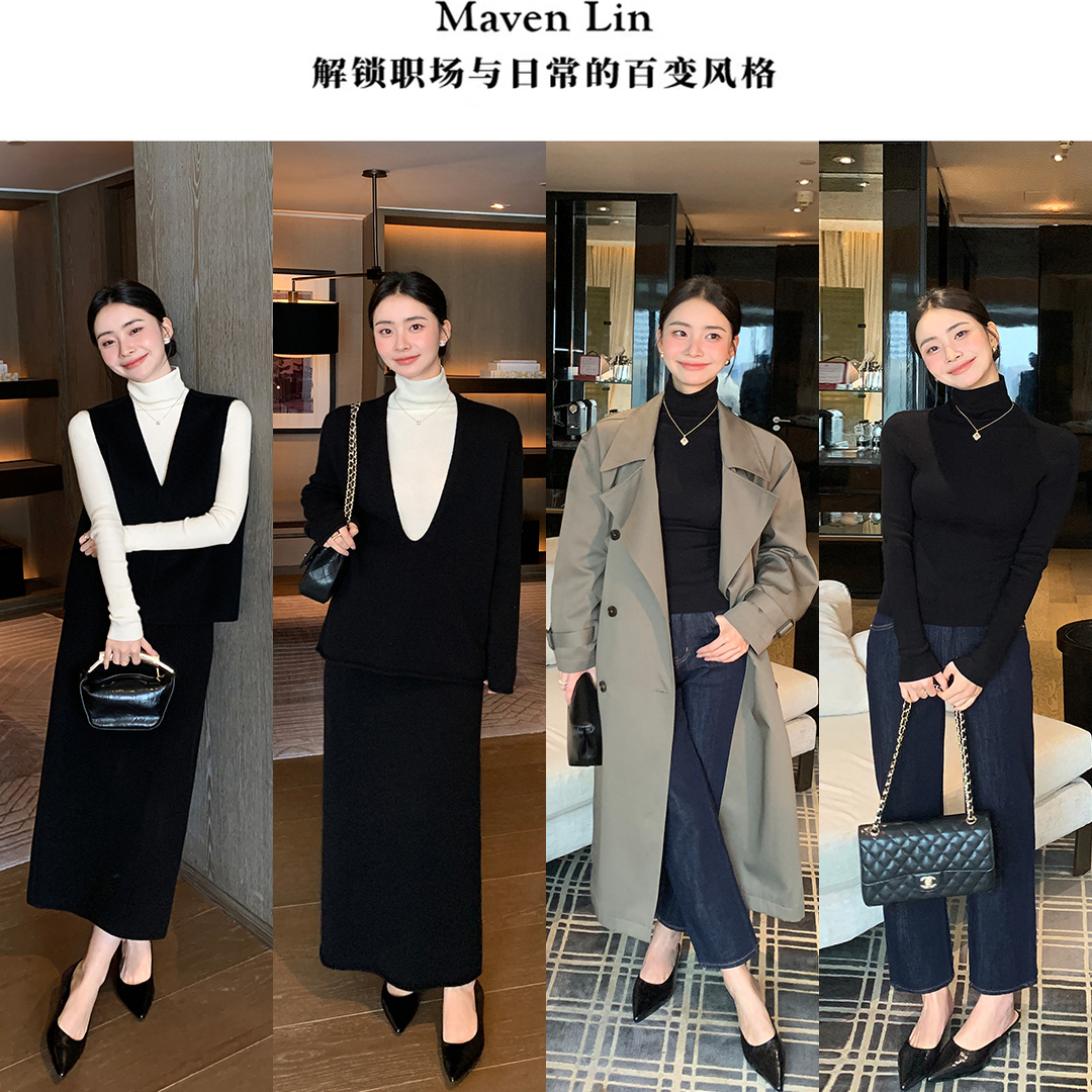 Maven Lin 精裁基础款 气质高领羊毛针织衫女修身打底衫内搭上衣 - 图2