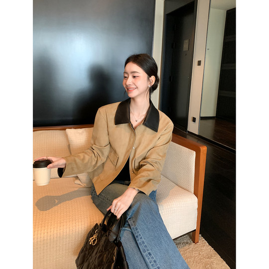 Maven Lin Классическая замшевая короткая куртка в стиле ретро с лацканами коричневого цвета кофейного цвета