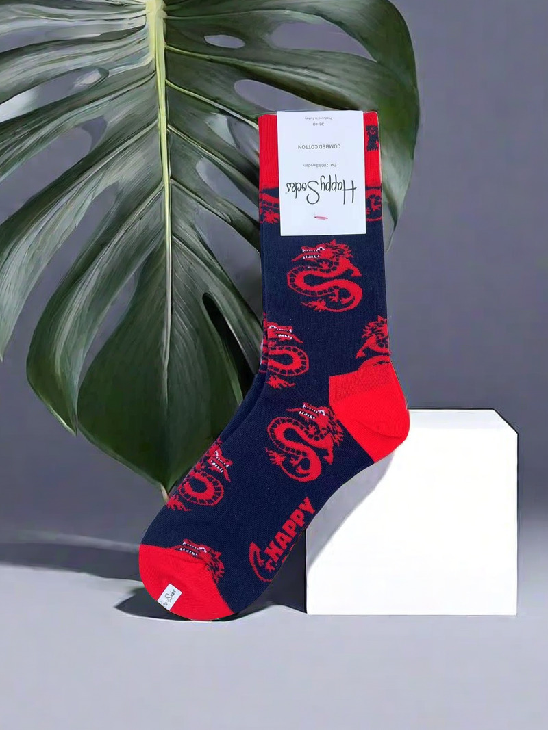 本命年袜Happysocks新品新年袜龙年女袜纯棉中筒袜红色袜