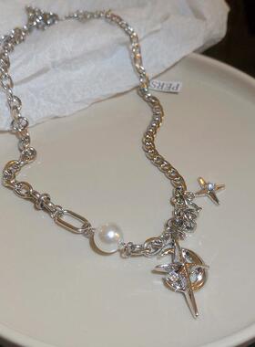 MaisonCleo个性金属风镶钻珍珠芒星月亮项链时尚冷淡风气质高级感