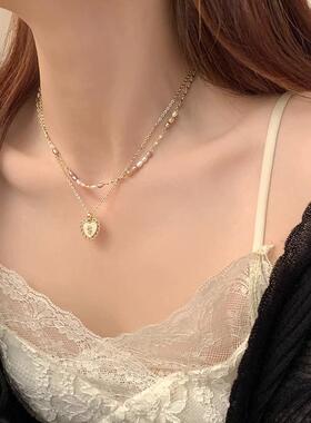 MaisonCleo双层珍珠爱心锁骨链