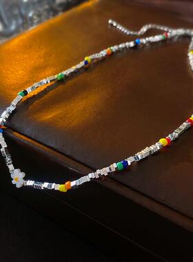 MaisonCleo甜美彩色花朵米珠碎银项链时尚简约百搭气质锁骨链项饰