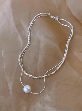 MaisonCleo双层叠戴珍珠项链2025新款法式超闪碎银子锁骨链设计感