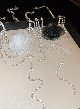 MaisonCleo优雅蕾丝花朵镶钻多层流苏项链法式时尚百搭气质高级锁