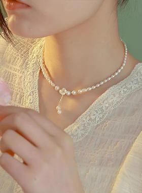 MaisonCleo小米粒珍珠白色花朵项链女颈链锁骨链毛衣链优雅复古百